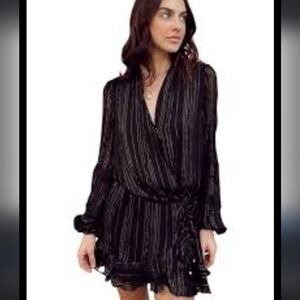 Rococo Sand Adina black long sleeve faux wrap shimmer faux wrap mini Dress Small
